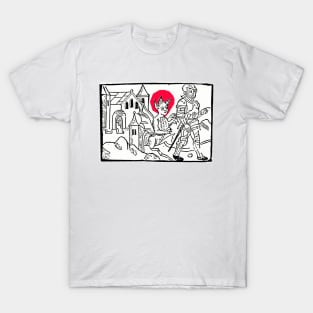 The Devil pursues the medieval knight who, despite his armor, is vulnerable to sin. Vintage drawing. T-Shirt